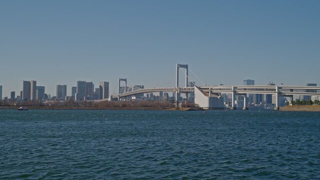 Rainbow Bridge's white suspension span crosses a blue Tokyo Bay with a dense city skyline and wooded island behind, small boats visible on the water, captured as a static wide shot in clear daylight.