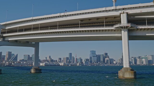 Rainbow Bridge's white elevated road deck and concrete pillars frame a dense Tokyo skyline across turquoise bay waters, captured as a static low-angle wide shot in bright clear daylight.