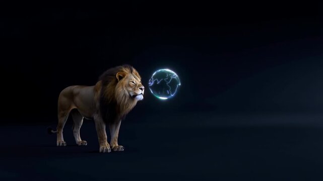 Majestic lion looking at a glowing digital Earth globe on a black background