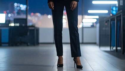 Fototapeta premium パンツスーツを着た女性が夜のオフィスで佇んでいる後ろ姿の下半身にクローズアップした写真
