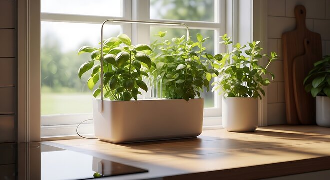 A modern indoor aero garden with LED grow lights featuring fresh basil and herbs sitting on a sunny kitchen countertop for sustainable healthy cooking