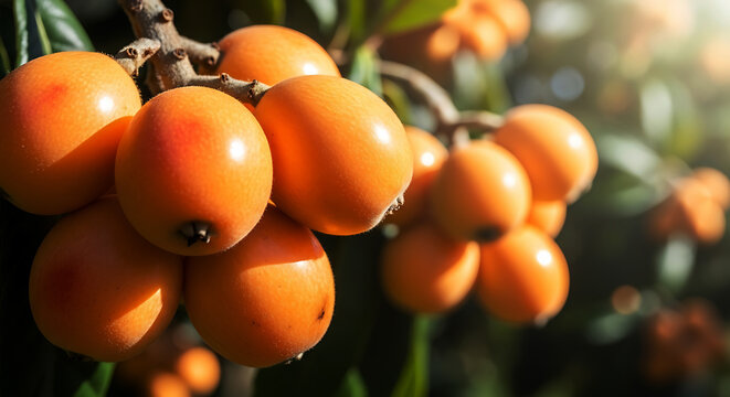 Cluster of ripe orange loquat fruits hanging from a leafy branch in sunlight