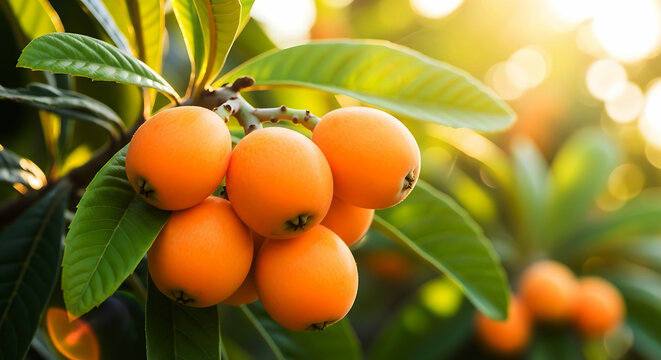 Cluster of ripe orange loquat fruits on a green leafy branch