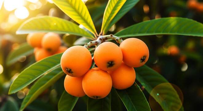 Cluster of ripe orange loquat fruits on a leafy branch with sunlight