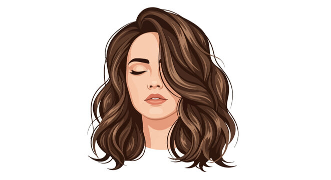 Vector illustration of a woman with voluminous wavy brunette hair and eyes closed, isolated on a white background. Detailed graphic art depicting thick brown locks and a serene facial profile.