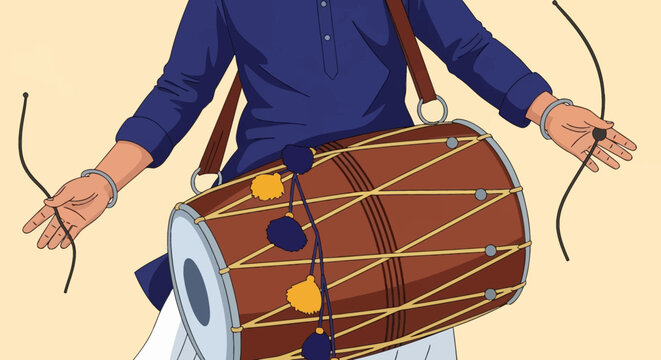 Vector illustration of a person in a blue kurta playing the dhol, a traditional South Asian barrel drum, featuring rope tuning, colorful tassels, and curved wooden drumsticks.