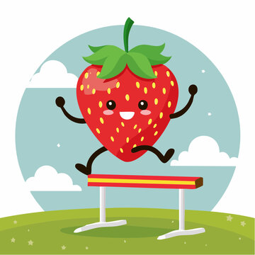 Cartoon Strawberry Jumping Over Hurdle
