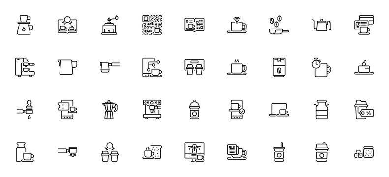 Coffee Shop Business icon set. Vector illustration. Minimalist icon pack. Includes symbols for drip glass, grinder, QR code, menu, espresso, coffee cup, and more.