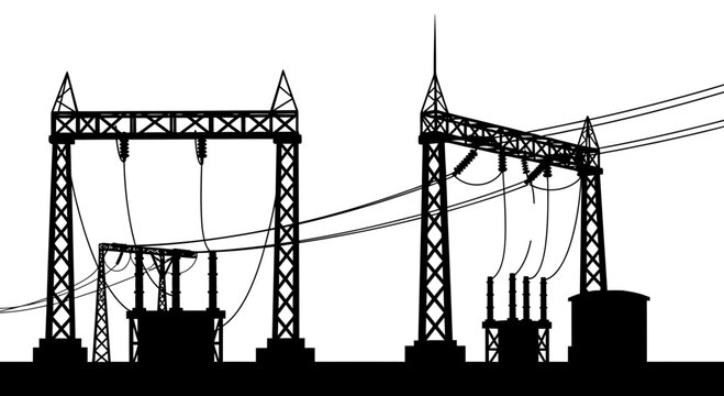 Electrical substation silhouette with power lines and transformers