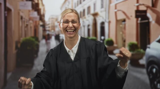 Judge woman, middle aged blonde with glasses, raising clenched fists and smiling in judicial robe on a narrow street; triumph celebration.