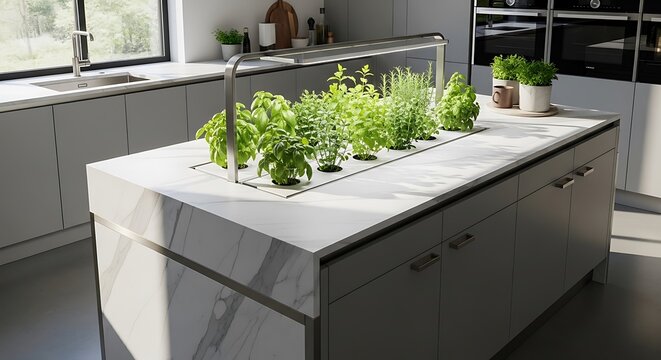 Modern kitchen island with an integrated aero garden feature featuring a sleek overhead grow light for fresh indoor herbs on a marble countertop surface