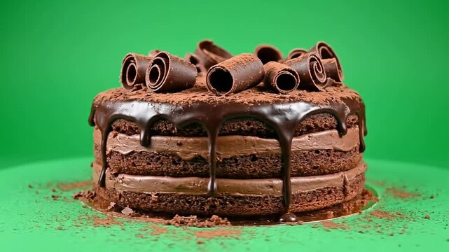 Exquisite Chocolate Cake with Rich Frosting and Decorative Chocolate Curls on Vibrant Green Background for Commercial Use