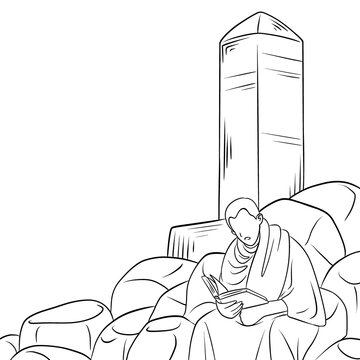 Man reading a holy book on rocks with jabal rahmah in the background
