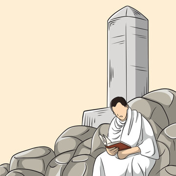 Man reading a holy book on rocks with jabal rahmah in the background