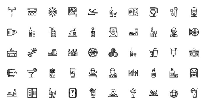 Bar icon set. Minimal linear vector pack. Related to cocktails, bartender, beer, wine, whiskey, champagne, spirits, bar tools, drinks, food, party and more.
