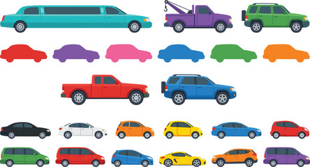 Car and vehicle icon set including limousine suv pickup taxi and compact transport vector collection © MD