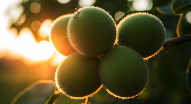 Green fuzzy walnuts on branch backlit by golden sunset light unripe