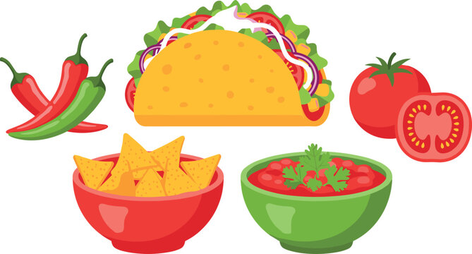 PrintMexican Traditional Food Vector Illustration Set with Taco, Nachos, Spicy Salsa Dip, Chili Peppers, and Fresh Tomato for Restaurant Menus and Culinary Designs