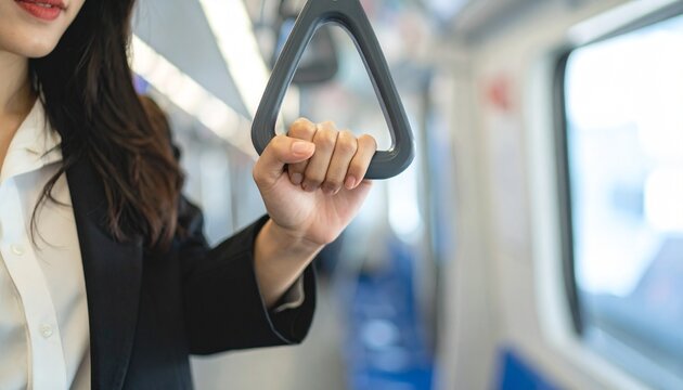 電車のつり革につかまるビジネスウーマンの手にクローズアップした写真