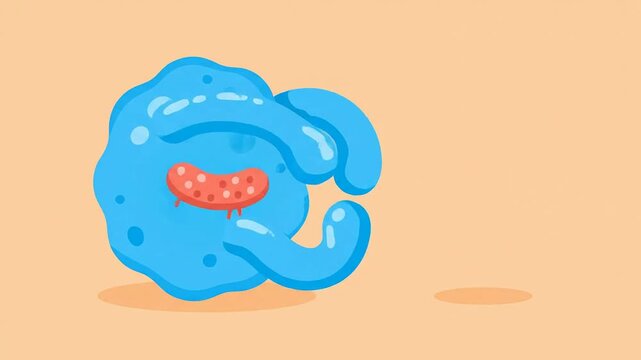 Flat Design Animation Of Phagocytosis Process Illustrating Interaction Between Blue Phagocyte And Red Bacterium On Soft Pastel Background