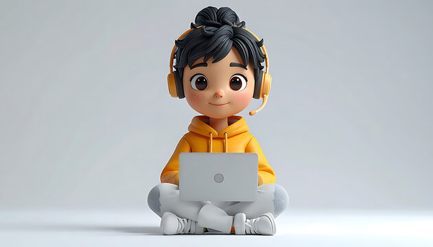 3D cartoon boy wearing headphones and hoodie, sitting cross-legged with a laptop, representing online learning, gaming, or remote work, on a neutral background