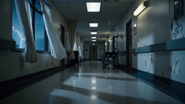 Creepy Hospital Corridor at Night with Medical Equipment.