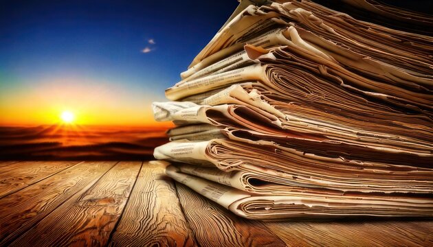 Stack of old newspapers on wooden table at sunset.