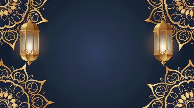Golden Hanging Lanterns And Corner Mandalas On Dark Blue Background Video