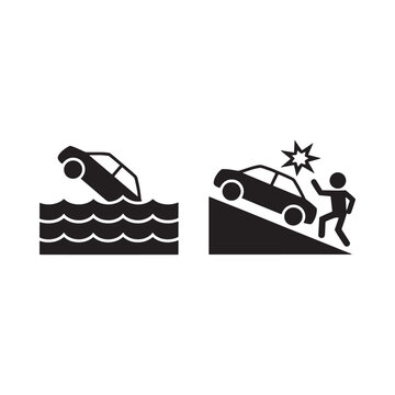 Road hazard icons car accident and vehicle falling into water
