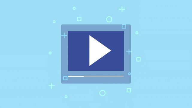 Play button animation on light blue background with animated shapes representing digital content.