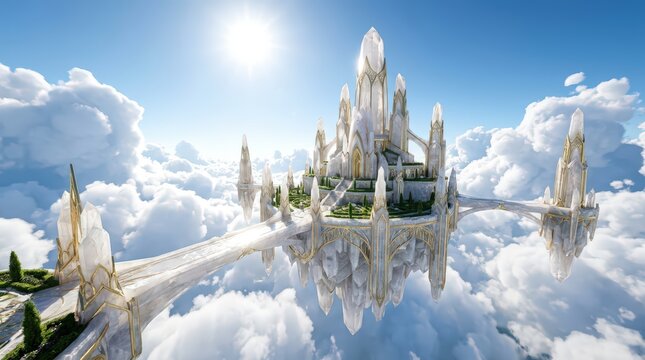 Majestic Floating Crystal Palace with Gold Accents Above a Sea of Fluffy Clouds