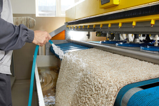 Male worker cleaning carpet on automatic washing machine equipment and dryer in the Laundry room. professional washing service