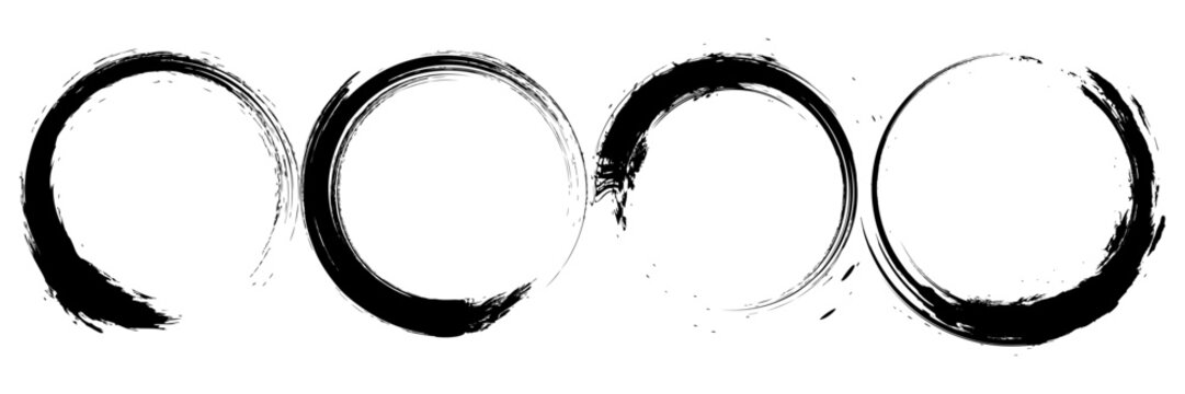Japanese round brushstrokes. Vector Asian enso circles. Straight distress long lines set. Chinese black zen calligraphy elements. Abstract Buddhist border collection