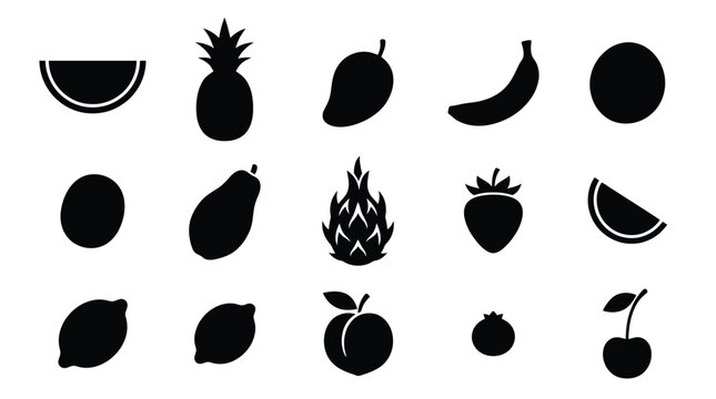 Collection of Silhouetted Tropical and Common Fruits on a White Background.