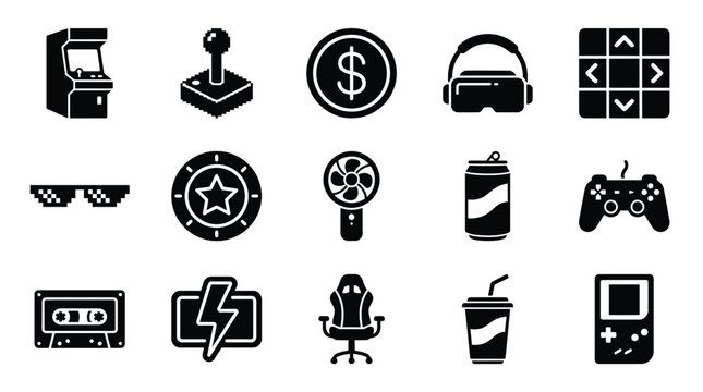 Collection of black icons representing video gaming and entertainment elements.