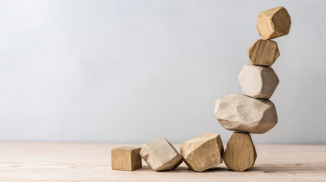 precarious. A precarious tower of wooden blocks stacked at unstable angles. lifestyle magazines, social media lookbooks, designed for lifestyle magazines and social media content.