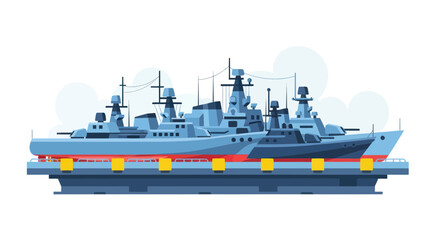 Fototapeta premium Modern Warships Fleet, Naval Vessels Docked, Military Ships Illustration