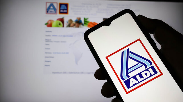 Hand holding a smartphone displaying the aldi logo on the screen with a blurred company website in the background