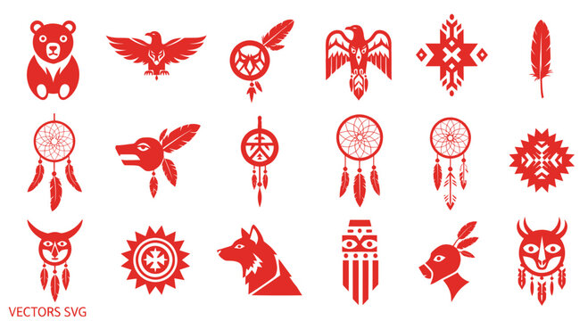 Native American Tribal Icons: Eagle, Bear, Wolf, Dreamcatcher, Feather, Symbols