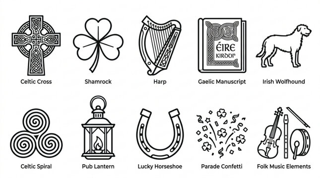 Irish symbols icons set including celtic cross shamrock harp manuscript wolfhound spiral lantern horseshoe confetti folk music elements