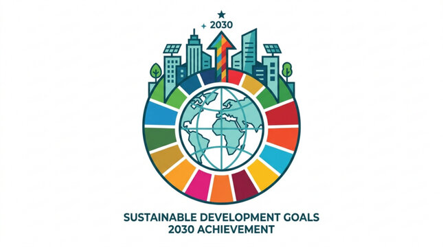 Sustainable development goals 2030 achievement symbol with city skyline and globe on white background