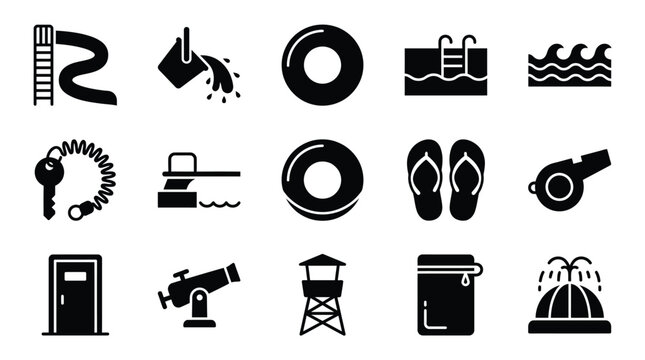 A collection of black silhouette icons representing various elements found in a water park or swimming pool, including slides, lifebuoys, and diving boards.