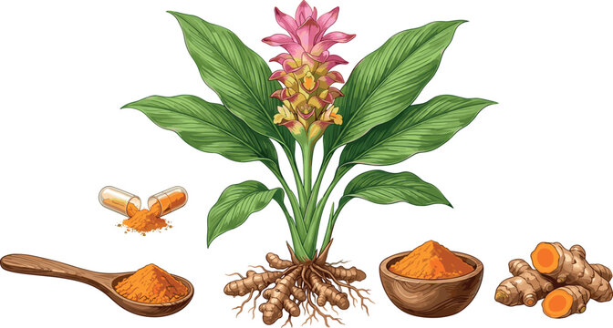 Organic Turmeric Plant Collection Featuring Flowering Curcuma Longa Botanical Illustration With Fresh Rhizome Roots Powder In Wooden Bowl Spoon and Herbal Supplement Capsule Vector Set