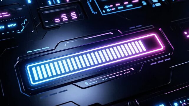 A futuristic digital interface with neon blue and pink glowing lines and rectangles on a dark background