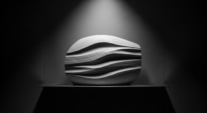 Large, Polished Concrete Abstract Sculpture with Layered, Wavy Texture Illuminated in Studio Lighting