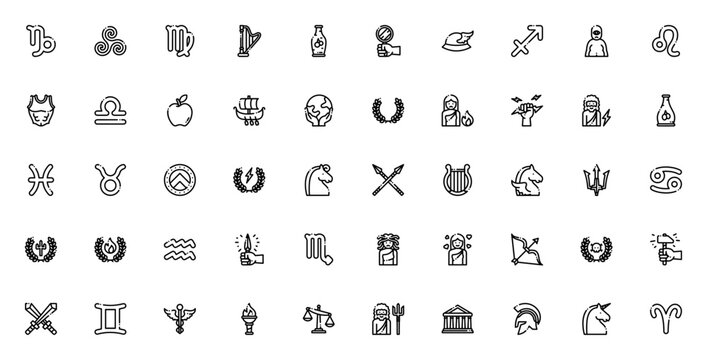 Greek Mythology icon set. Mythological vector pack. Featuring Zeus, Medusa, Pegasus, Trident, Trojan horse, Lyre, Atlas, Cyclops and more. Minimal line icons.