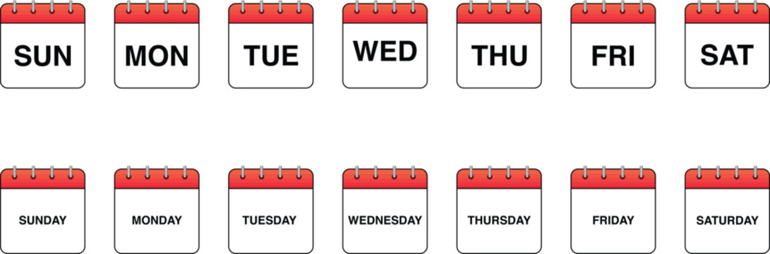 Days of the Week Calendar Icons Set Vector Graphic - Abbreviated and Full Names. Simple Minimalist Calendar Sun to Saturday weekly organised icon set. One week simple Calendar Icon set.