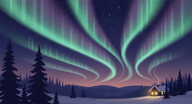 Northern Lights Dancing over Winter Forest Landscape with Cozy Cabin and Starry Night Sky