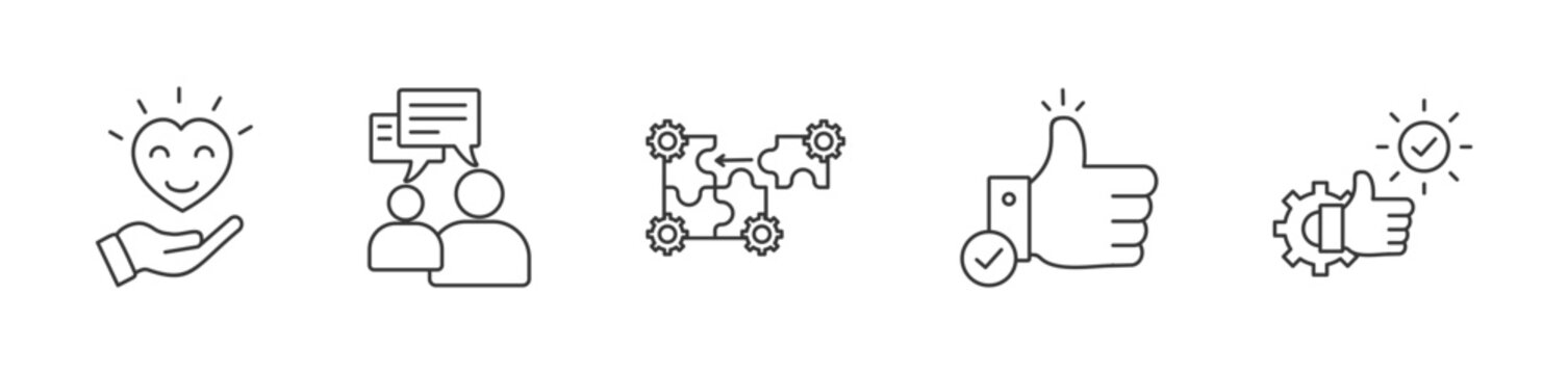 Service icon set collection in outline style. Icon pack contain Courtesy, Communication, Solution, Trust, Commitment, Experience 