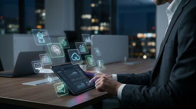 Businessman utilizing a tablet to display a digital interface with various holographic icons floating in the air, representing data and cloud services